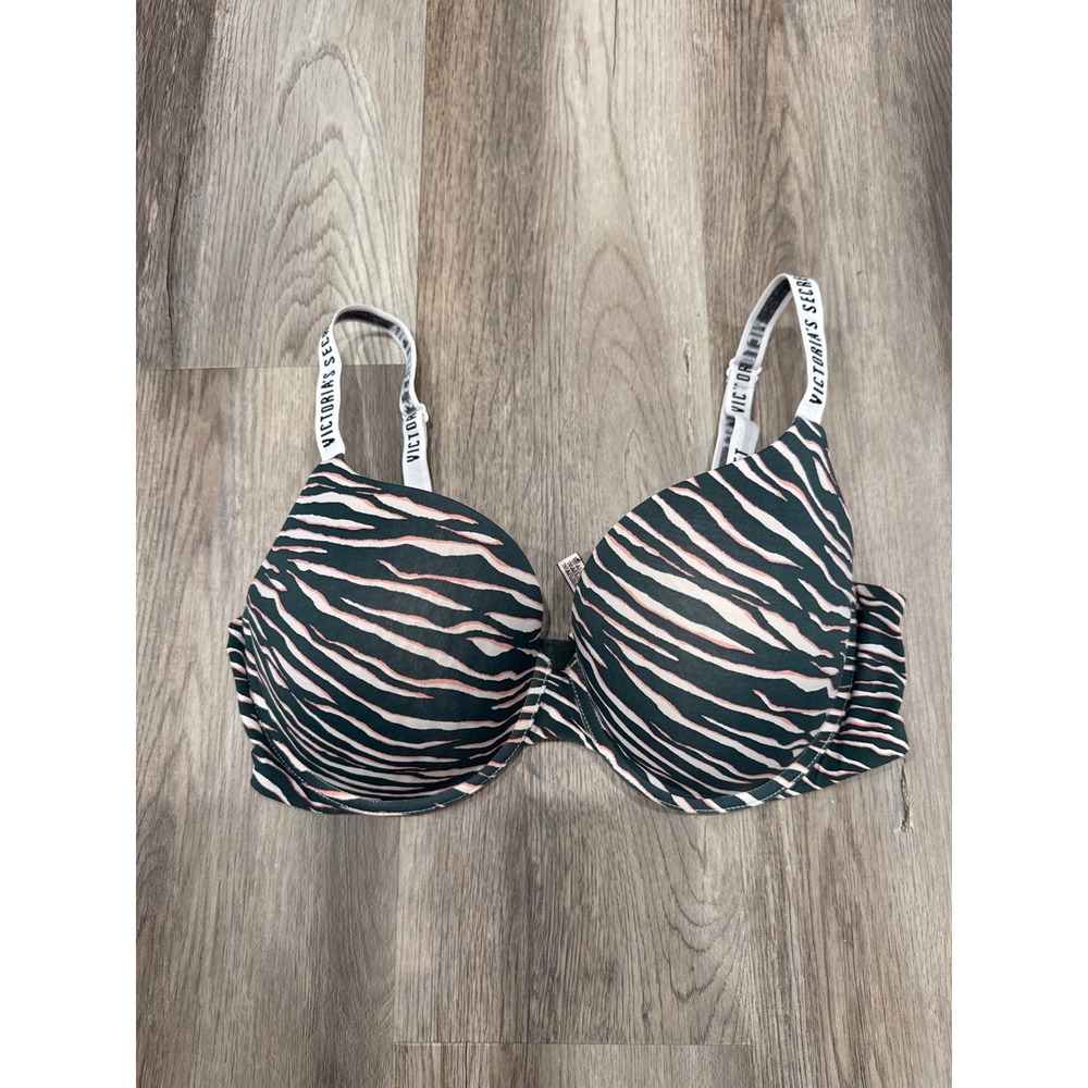 Victorias Secret T-Shirt Push-Up Full Coverage Bra Zebra Logo Strap 38D Green‎